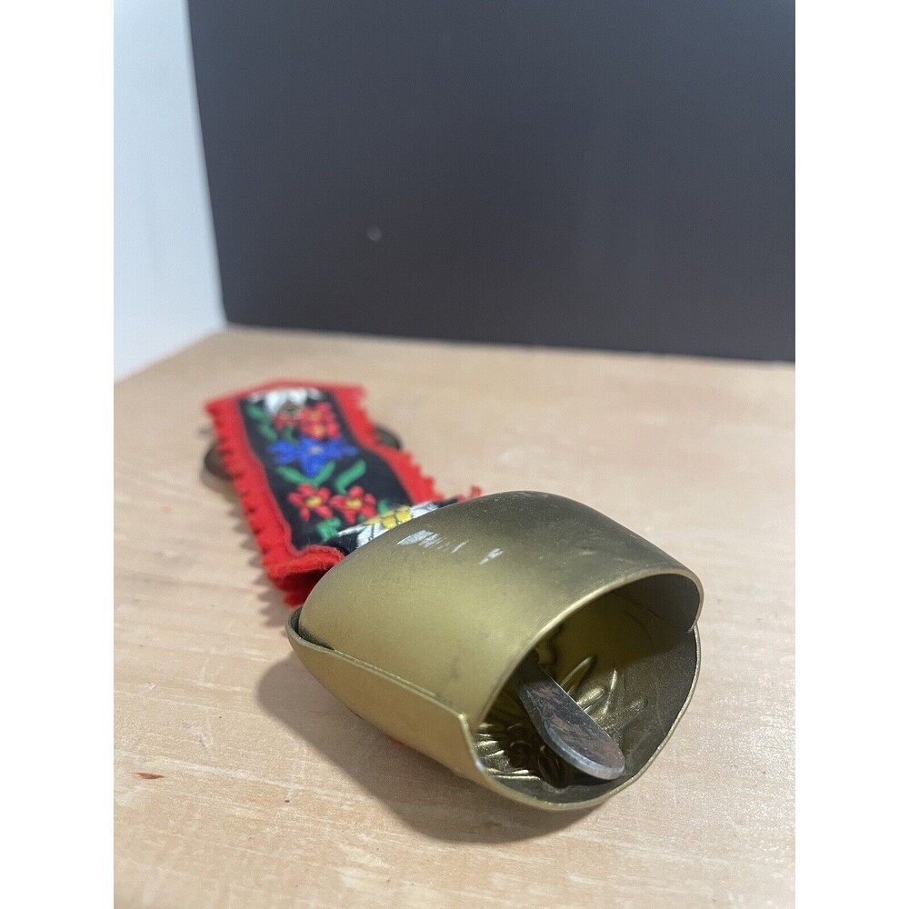 Vintage Swiss Cow Bell Brass Painted Flower Design Bright Embroidered Hanger - Picture 3 of 4